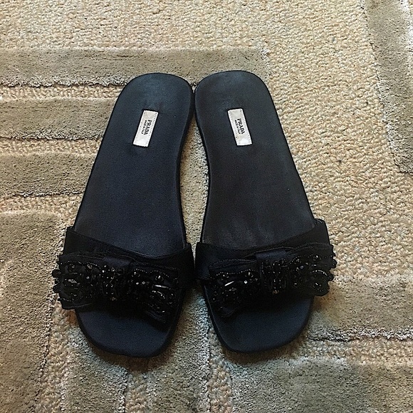 PRADA - Satin Crystal Embellished bow flat slides - Picture 4 of 4